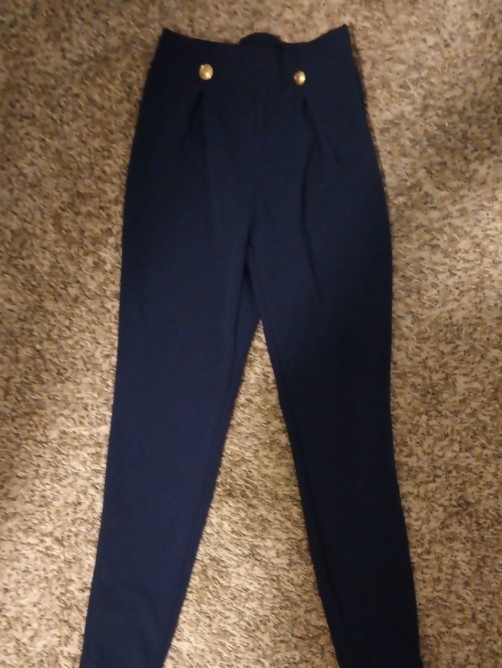 High-Waist Navy Tapered Women's Sailor Pants with Button Detail Sz Petite Xs
